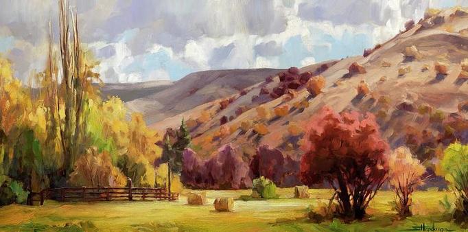Art print of an original oil painting depicting a meadow with hills in the background and trees in the foreground.