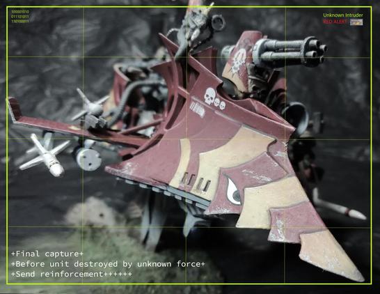 Faux tactical screen capture of the Raider gunship in close quarters with overlaid "nonsense" info.