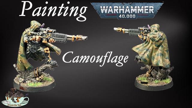 A YouTube thumbnail. The text reads "Painting Warhammer 40,000 Camouflage" and the image shows a sniper mini wearing a camouflage cloak. On the left is a front view, and the right is the rear view.