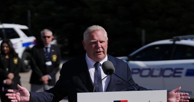 Ontario Premier Doug Ford speaks to journalists during an availability in Mississauga, Ont., on Wednesday April 30, 2025. THE CANADIAN PRESS/Chris Young