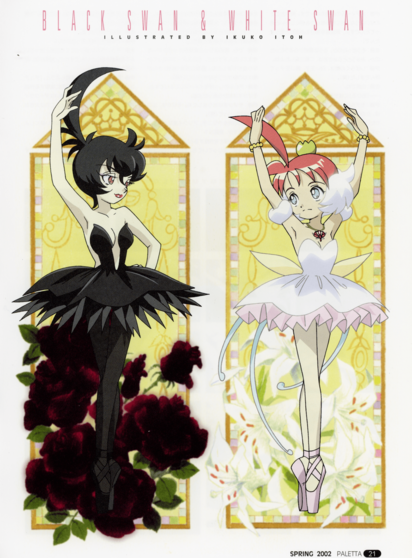 Fourth page of the Princess Tutu interview with Ikuko Itoh and Junichi Sato, this one being a big illustration of character Princess Tutu herself posing next to Princess Kraehe in front of two glass window frames.

Tutu has white lilies growing behind her, while Kraehe has dark roses.