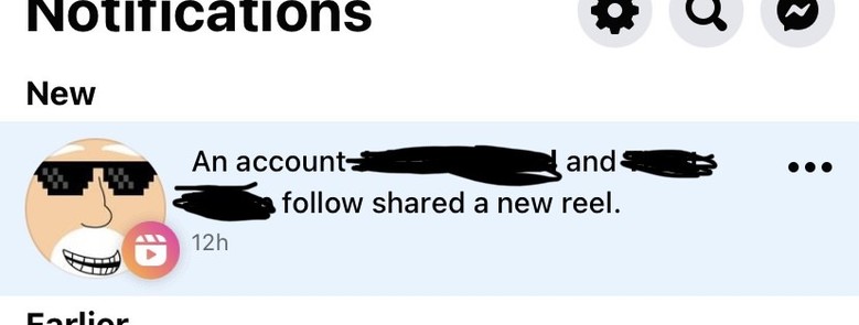 A screenshot of part of a Facebook notification list. It reads “an account (person x) and (person y) follow shared a new reel”. 