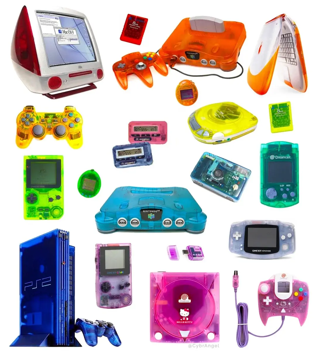 A selection of multiple electronic devices from the late 90s/early 00s that all have a variety of colors of transparent plastic shells showing their insides.