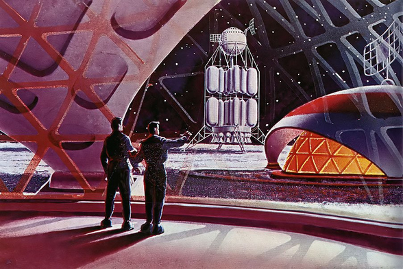 Two astronauts stand inside a futuristic, geodesic-domed structure on an alien world. They gaze out a large window at a towering spacecraft, its multiple fuel tanks gleaming in the sunlight against the backdrop of a star-filled sky. The lunar like surface stretches out before them, a desolate yet captivating landscape.