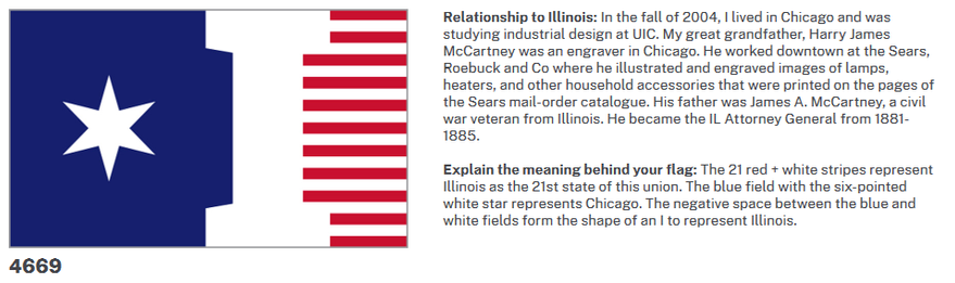 Relationship to Illinois: In the fall of 2004, I lived in Chicago and was studying industrial design at UIC. My great grandfather, Harry James McCartney was an engraver in Chicago. He worked downtown at the Sears, Roebuck and Co where he illustrated and engraved images of lamps, heaters, and other household accessories that were printed on the pages of the Sears mail-order catalogue. His father was James A. McCartney, a civil war veteran from Illinois. He became the IL Attorney General from 1881-1885.

Explain the meaning behind your flag: The 21 red + white stripes represent Illinois as the 21st state of this union. The blue field with the six-pointed white star represents Chicago. The negative space between the blue and white fields form the shape of an I to represent Illinois.