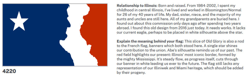 Relationship to Illinois: Born and raised. From 1984-2002, I spent my childhood in central Illinois, I’ve lived and worked in Bloomington/Normal for 26 of my 40 years of life. My dad, sister, niece, and the majority of my aunts and uncles are still here. All of my grandparents are buried here. I found out about this commission only days ago after spending two years abroad. I found this old design from 2016 just today. It needs works. It lacks our current eagle, perhaps to be placed in white silhouette above the star. 
Explain the meaning behind your flag: This slice of Old Glory is also a nod to the French flag, banners which both stood here. A single star shines our contribution to the union. Abe’s silhouette reminds us of our past. The red field highlights our present: Illinois’ most iconic border, formed by the mighty Mississippi. It’s steady flow, as progress itself, cuts through our banner in white leading us ever to the future. The flag still lacks any representation of our Illiniwek and Miami heritage, which should be added by their progeny.