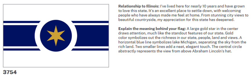 Relationship to Illinois: I’ve lived here for nearly 10 years and have grown to love this state. It’s an excellent place to settle down, with welcoming people who have always made me feel at home. From stunning city views to beautiful countryside, my appreciation for this state has deepened.

Explain the meaning behind your flag: A large gold star in the center draws attention, much like the standout features of our state. Gold color symbolizes out the richness in our state, people, land and views. A horizontal blue line symbolizes lake Michigan, separating the sky from the rich land. Two smaller lines add a neat, elegant touch. The central circle abstractly represents the view from above Abraham Lincoln’s hat.