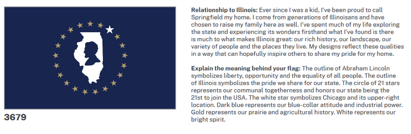 Relationship to Illinois: Ever since I was a kid, I’ve been proud to call Springfield my home. I come from generations of Illinoisans and have chosen to raise my family here as well. I’ve spent much of my life exploring the state and experiencing its wonders firsthand what I’ve found is there is much to what makes Illinois great: our rich history, our landscape, our variety of people and the places they live. My designs reflect these qualities in a way that can hopefully inspire others to share my pride for my home.

Explain the meaning behind your flag: The outline of Abraham Lincoln symbolizes liberty, opportunity and the equality of all people. The outline of Illinois symbolizes the pride we share for our state. The circle of 21 stars represents our communal togetherness and honors our state being the 21st to join the USA. The white star symbolizes Chicago and its upper-right location. Dark blue represents our blue-collar attitude and industrial power.
Gold represents our prairie and agricultural history. White represents our bright spirit.