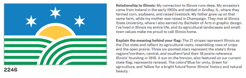 Relationship to Illinois: My connection to Illinois runs deep. My ancestors came from Ireland in the early 1900s and settled in Gridley, IL, where they farmed corn, soybeans, and raised livestock. My father grew up on that same farm, while my mother was raised in Champaign. They met at Illinois State University, where I also earned my Bachelor of Arts in graphic design. I’ve lived in Illinois my entire life, and its agricultural landscapes and small-town values make me proud to call Illinois home.

Explain the meaning behind your flag: The 21 stripes represent Illinois as the 21st state and reflect its agricultural roots, resembling rows of crops and the open prairie. Three six-pointed stars represent the state’s three regions--northern, central, and southern--and their 18 points reference Illinois’ founding in 1818. A sun on the horizon, also featured on our current state flag, represents renewal. The colors--Blue for unity, Green for agriculture, and Yellow for a bright future--honor Illinois’ history and natural beauty.