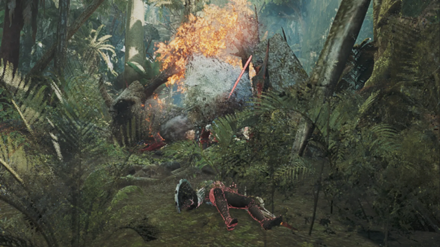 A screenshot of the rewards screen from Monster Hunter Wilds, with the user interface disabled to show the whole background image. The game uses a picture of the moment the last blow was struck, killing the monster, and in this one, my hunter is lying on their ass while the Lala Barina stands in the background. It is entirely undignified.