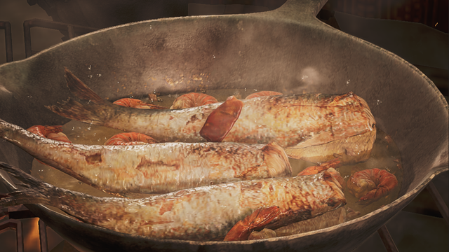 A screenshot from Monster Hunter Wilds, showing a pre-fight meal being cooked. There are three smallish fish in a skillet, headless and cleaned, a handful or so of small shrimp, and some red chilis, frying in butter.