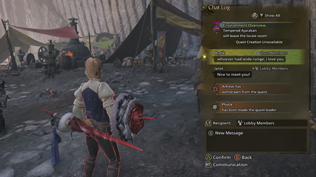 A screenshot of Monster Hunter Wilds. The chat menu is open, and a message from Phytik is highlighted. The message reads, "Whoever had Wide-Range, I love you."

It was me, I had Wide-Range ^^
