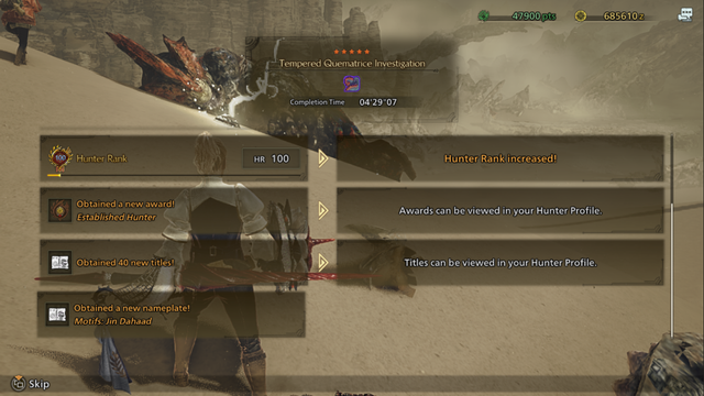 The post-hunt screen from Monster Hunter Wilds, showing my hunter hitting Hunter Rank 100.