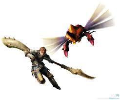 A hunter from Monster Hunter using an Insect Glaive, with said insect front and center.
