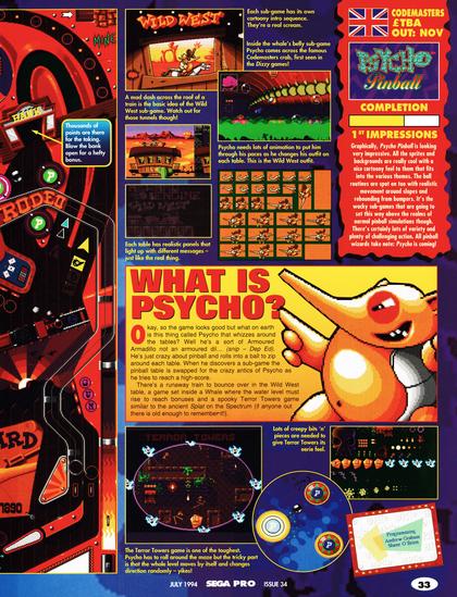 Preview for Psycho Pinball on Mega Drive.
Taken from Sega Pro 34 - July 1994 (UK)