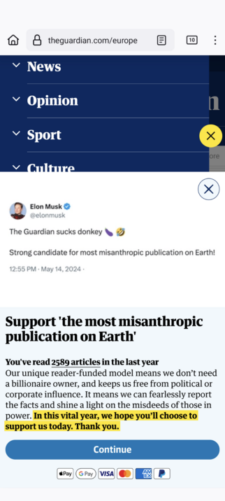 Twitter screenshot of the tweet: "Elon Musk @elonmusk:
The Guardian sucks donkey
Strong candidate for most misanthropic publication on Earth!"

The Guarding nudge to subscribe: "Support 'the most misanthropic publication on Earth'"