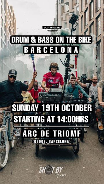 Trike with speakers and DJ setup, with Dom Whiting on the decks. 

Dom Whiting presents: Drum & Bass on the Bike Barcelona
Sunday 19th October Starting at 14:00, Ar de Triomf, 08003 Barcelona