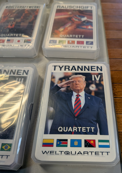 a quartets card game titled "Tyrannen IV" with Donald Trump on the cover