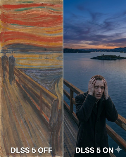Composite of two cropped pictures. 
On the left, a version of Edvard Munch's The Scream with the caption "DLSS 5 OFF". 
On the right, a photorealistic AI rendering of the same scene with real people, scenery, and the caption "DLSS 5 ON".