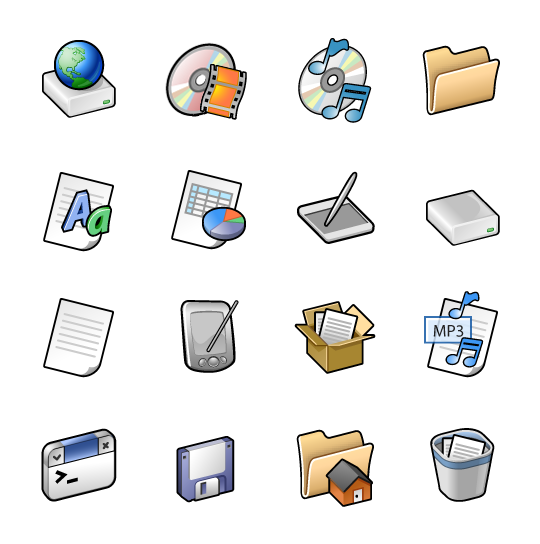 Grid of icons in the Bluecurve style from Fedora and Red Hat Linux.
