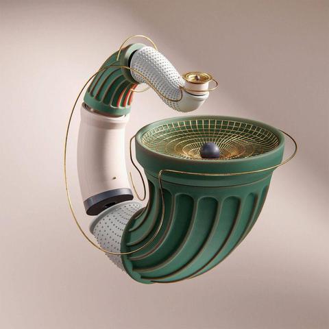 A futuristic, abstract object with green, white, and gold elements, featuring a spiral structure, mesh surfaces, and a spherical element at its center.