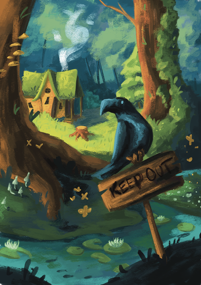 Digital illustration: in a dark forest, a crow is sitting on a wooden “keep out” sign planted near a stream at the edge of a sunlit clearing. In the clearing, a crooked grassy-roofed cabin is standing, smoke coming out of the chimney. Will you dare approach it?