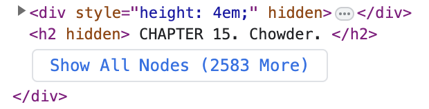 Screenshot of DIVs of clicky game, showing the last-displayed h2 tag as "Chapter 15. Chowder."
