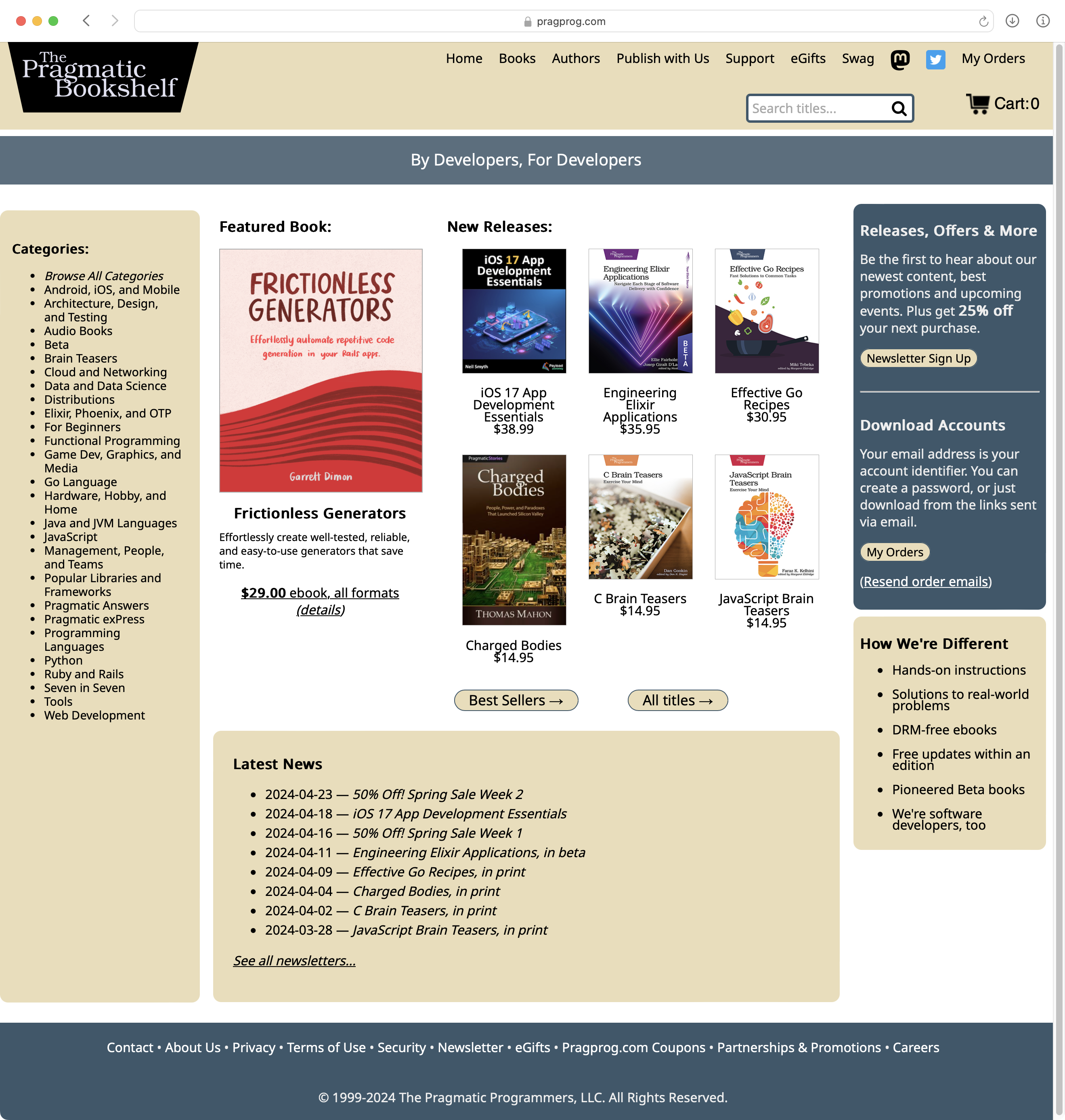 A screenshot of the PragProg home page with Frictionless Generators as the featured book.