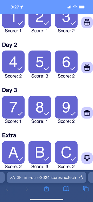 Photo of completed ruby puzzle showing checkmarks for 1-9 and a, b, c