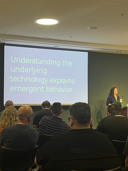 A slide from a Blue Ridge Ruby talk, with the text “Understanding the underlying technology explains emergent behavior.”