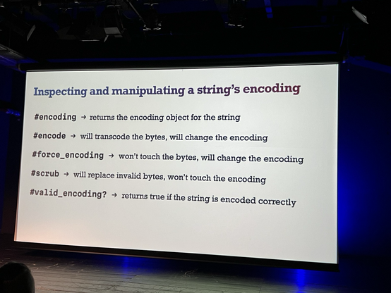 Slide with Ruby methods to manipulate string encoding conversions 