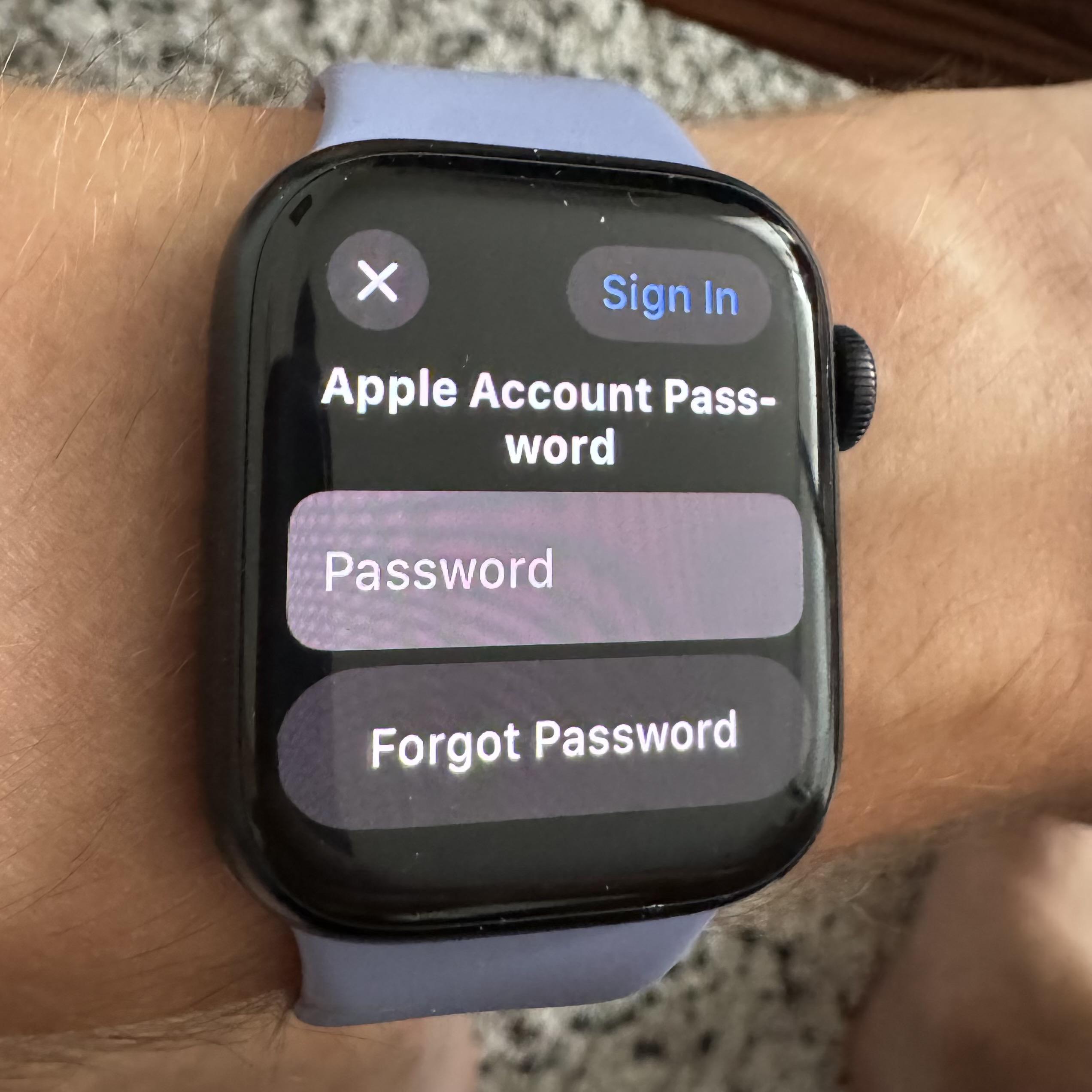 Photo of Apple Watch on wrist with prompt:

Top right action button: Sign In
Label: Apple Account Password
Text field with hint: Password
Button: Forgot Password