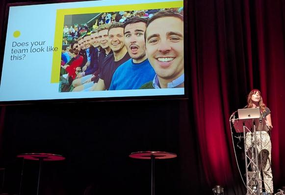 A slide showing white young men and the title: does your team look like this?