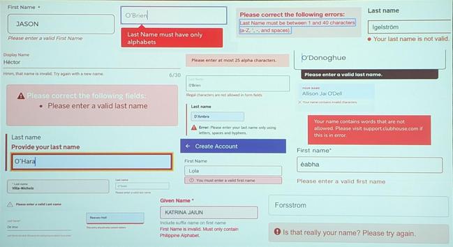 Various forms complaining about real names being "invalid"
