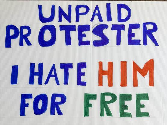 Had drawn sun, inconsistent spacing and letter size reads “UNPAID PROTESTER I HATE HIM FOR FREE”.