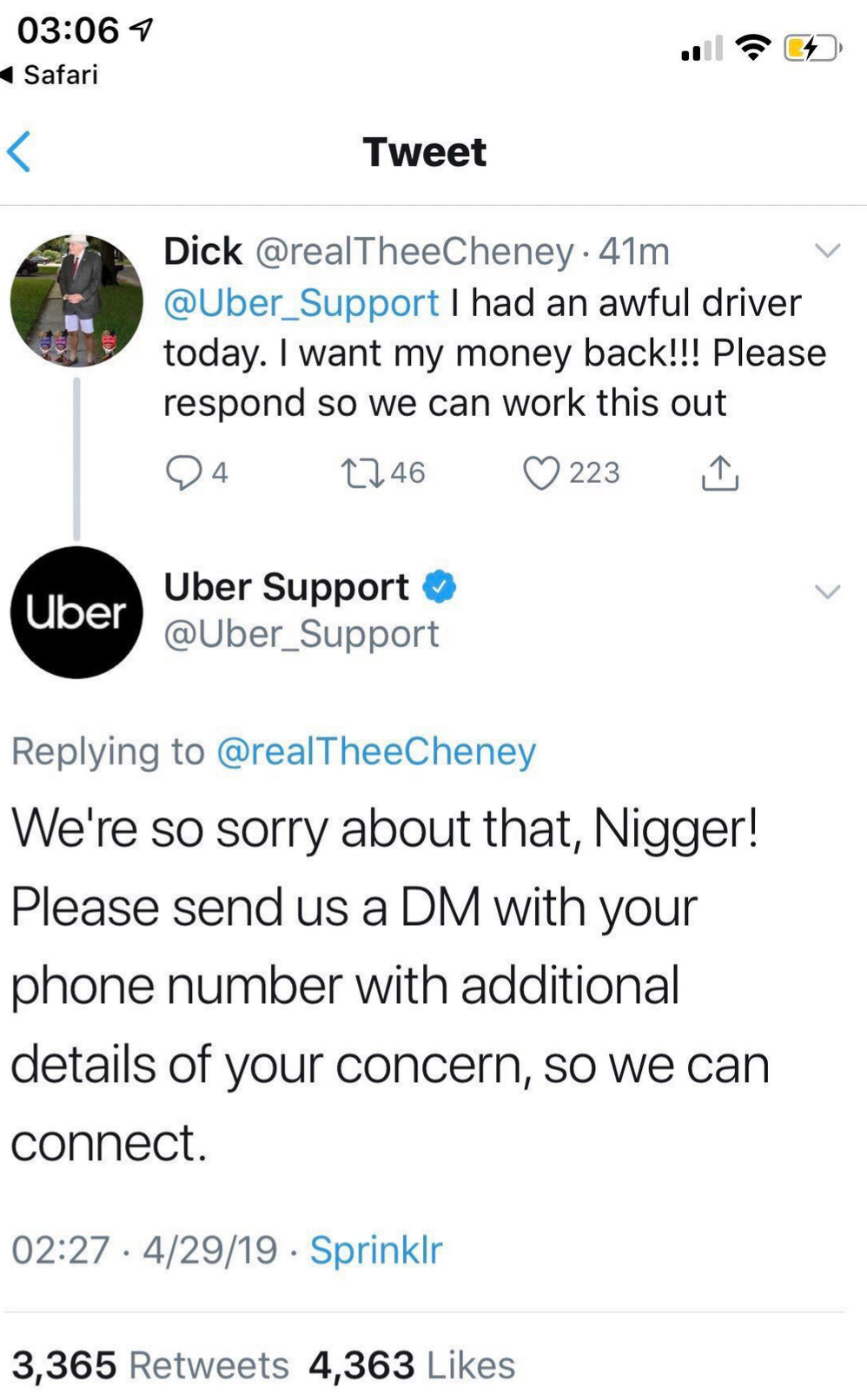 An screen capture of Uber's Twitter reply racist slurs after being trolled by an user with the N word as their "name"
