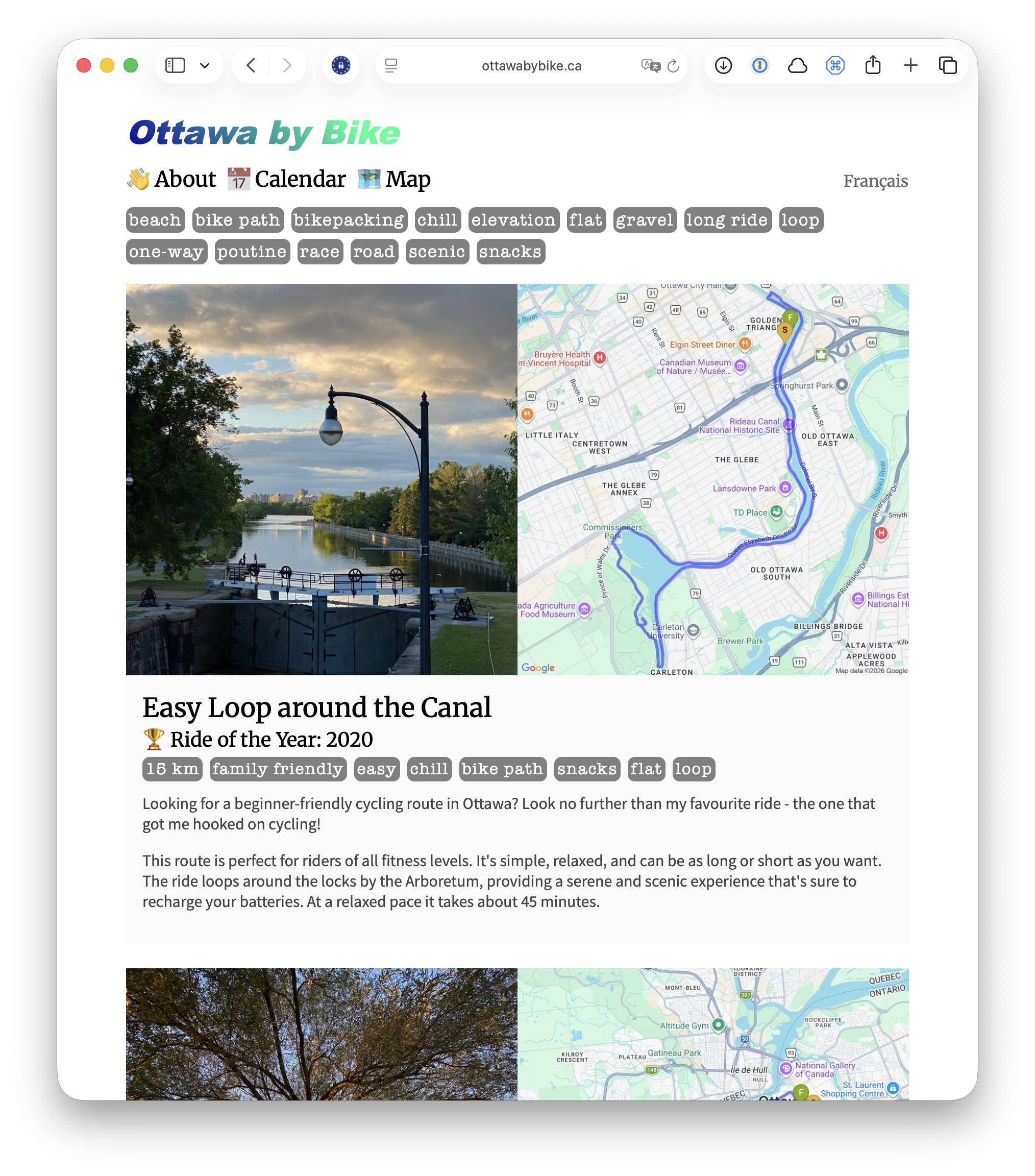 Screenshot of the homepage of Ottawa by Bike, a website promoting cycling in Canada's Capital