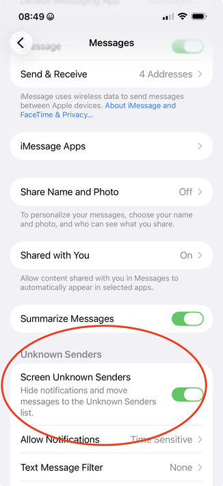 Screenshot of iOs Settings App in the Apps -> Messages screen. A red oval draws attention to the Unknown Senders section and encircles the following text. “Hide notifications and move messages to the Unknown Senders list.