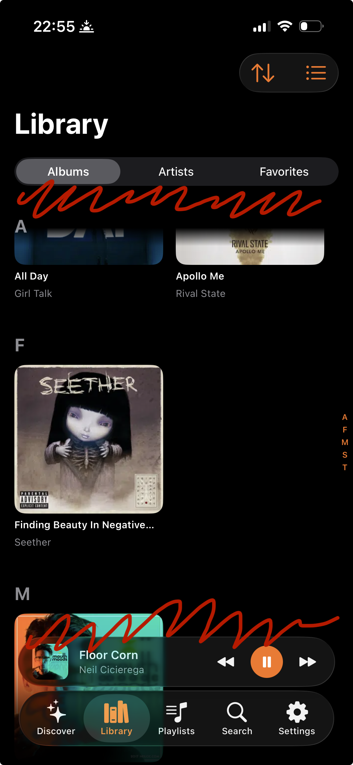 Screenshot of Shelv showing the library view, the top part of the screen has a red squiggly line drawn on it indicating the area at the top that doesn't move. Similar line at the bottom. This creates a small window into the actual album list.

Albums listed are All Day, Apollo Me, Finding Beauty in Negative Spaces, and Mouth Moods.