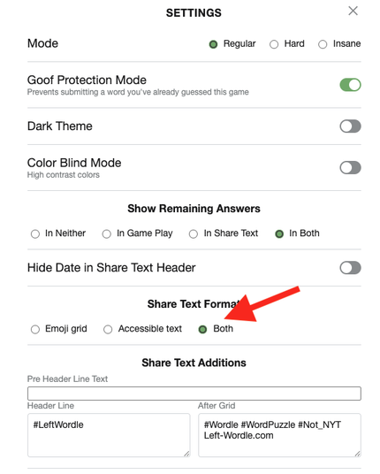 Screenshot of settings screen - arrow shows Share Text Format set to display both the emoji grid AND accessible text describing the grid) PLEASE turn this on.