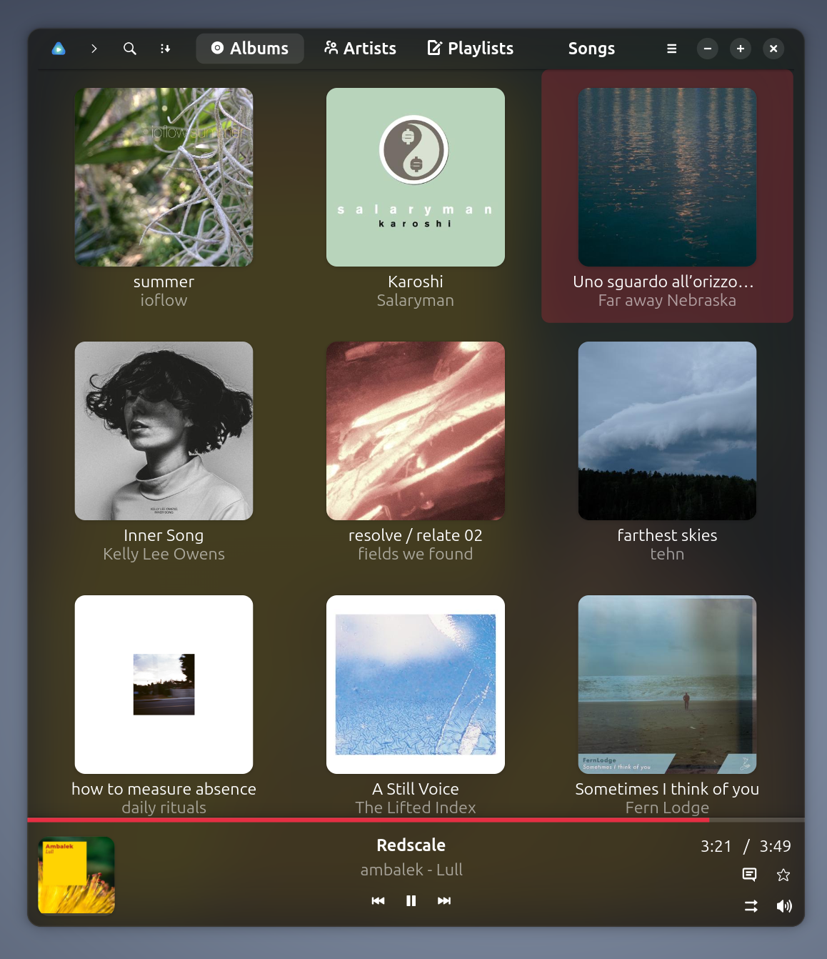 A screenshot from the Gelly application on Ubuntu. Showing a grid of album artwork and a music player.