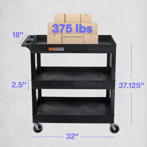 3 tray rolling utility cart in black dimensions shown 32” L, 18” W, 37” H. Tray surfaces are solid plastic, with 2.5” walls. The trays will hold liquid if spilled.