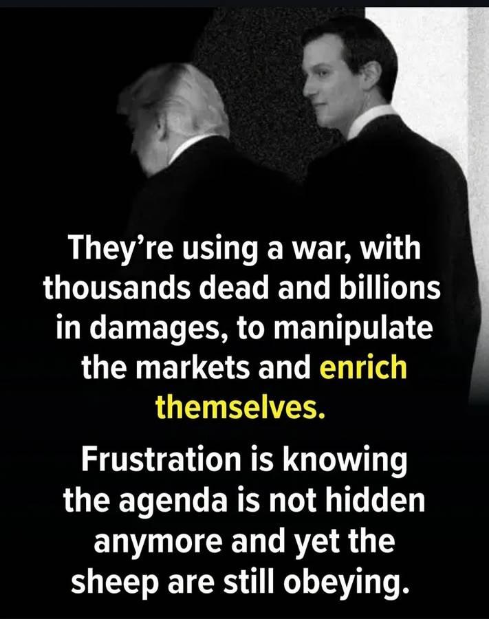 Picture of Trump and Kushner with the following text:

They’re using a war, with thousands dead and billions in damages, to manipulate the markets and *enrich themselves*. Frustration is knowing the agenda is not hidden anymore and yet the sheep are still obeying.