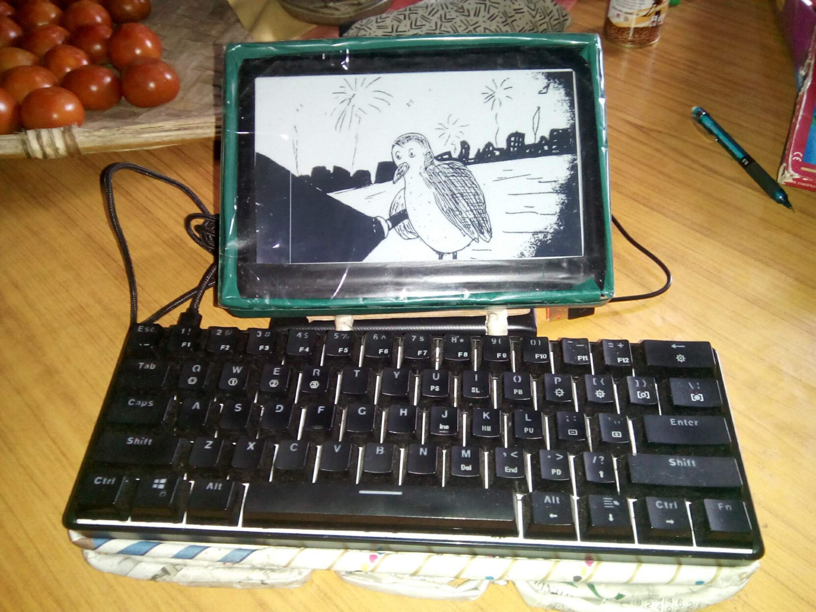 Home-made device with an e-paper screen attached to a mechanical keyboard. The screen is framed by a green-covered cardboard case; this is in turn attached to the keyboard and supported by coiled and rolled-up newspaper.