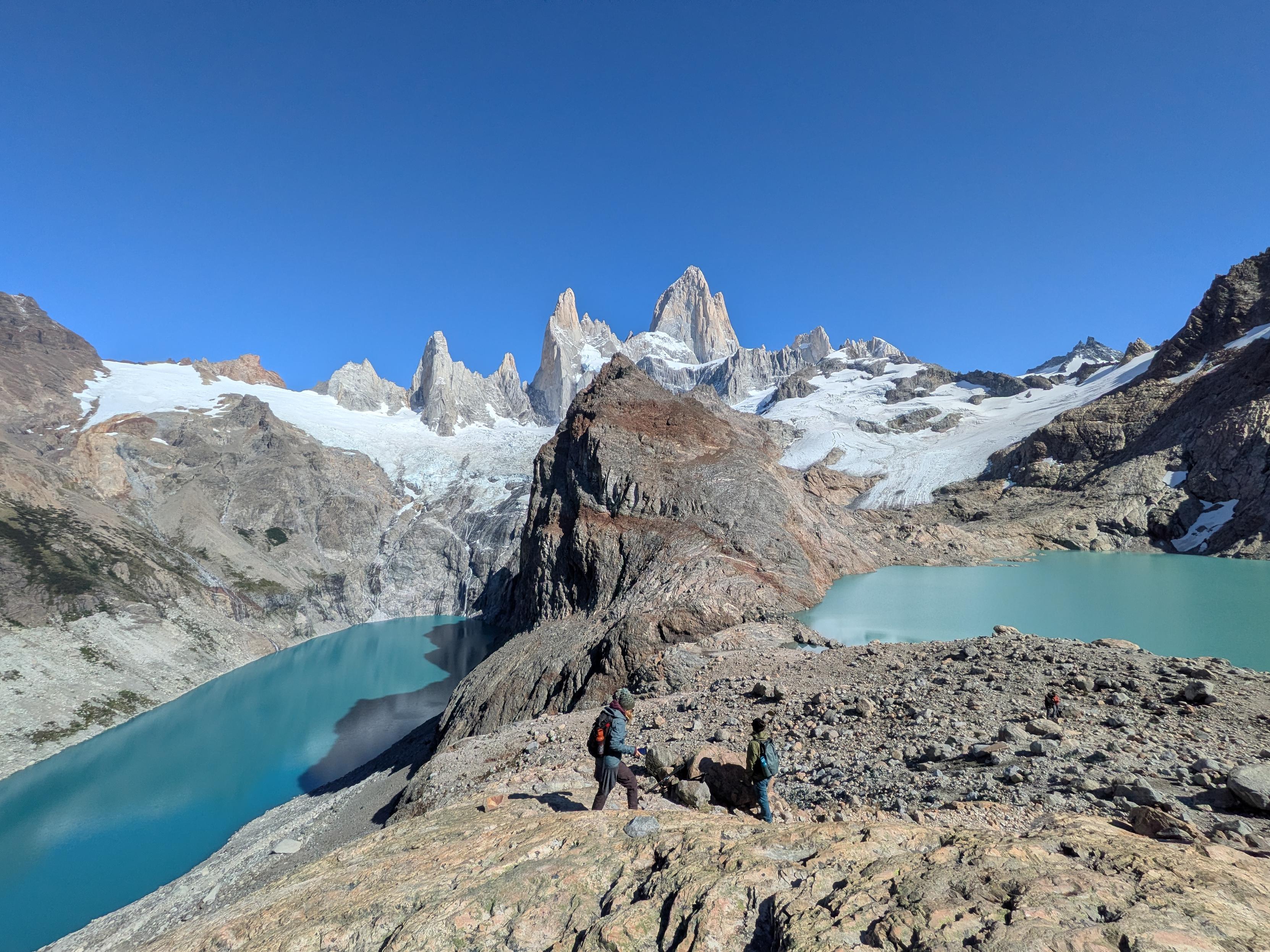 A view towards mount Fitzroy, with two lakes in front of it