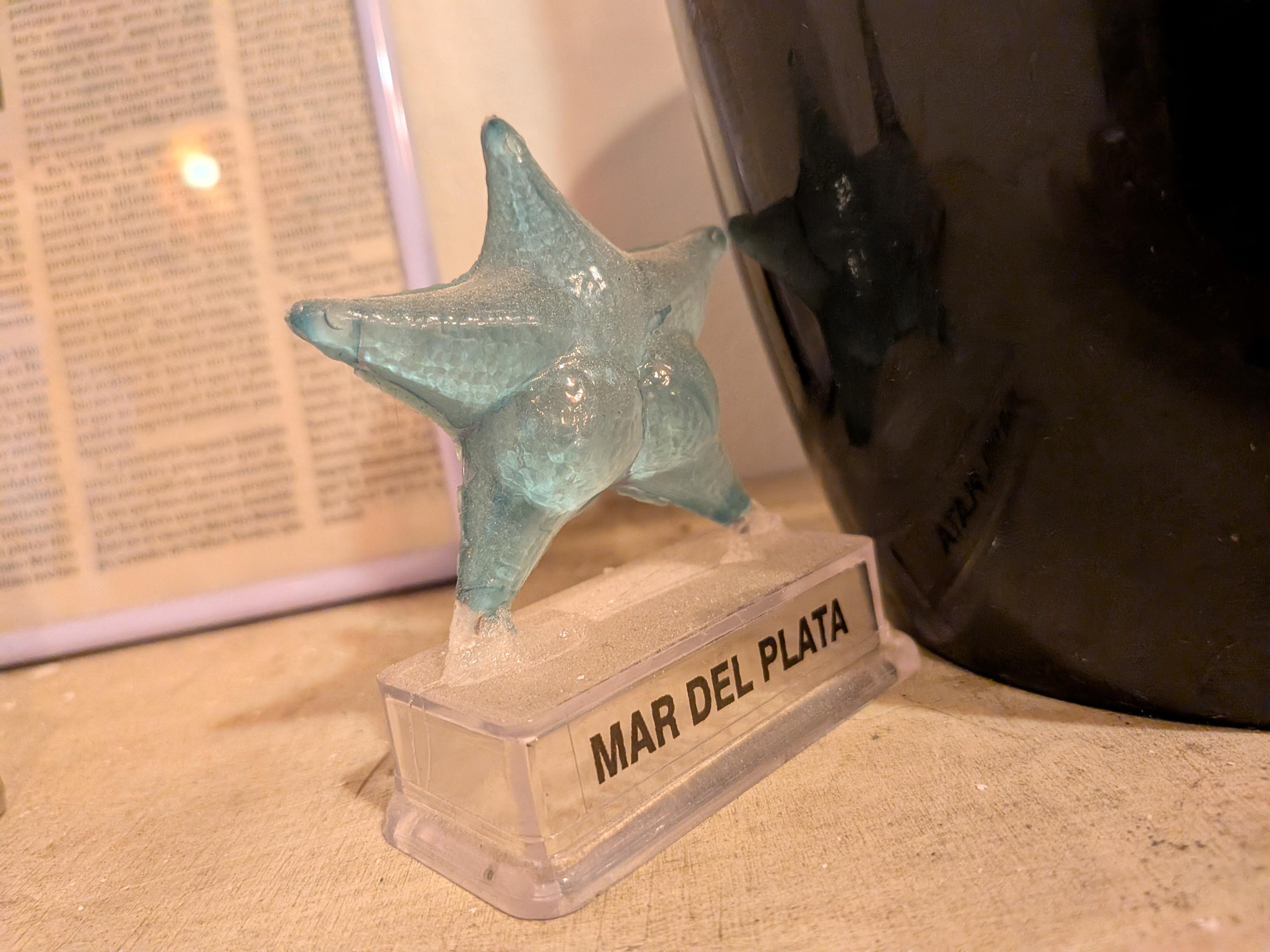 A statue of a star fish with butt cheeks, as found by a científico mission in the sea before mar del plata