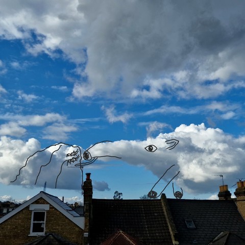 A photo of clouds above a row of terraced North London houses.
Black squiggly lines are drawn on top to turn one cloud into an ant hill and another one into an anteater