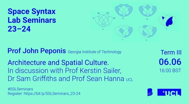 Poster for the Space Syntax Lab Seminar series 23-24, blue text on turquoise background with an abstract series of floral graphics and patterns in the top right corner and a UCL and Bartlett School of Architecture logo in the bottom right corner
Text reads:
Prof John Peponis, Georgia Institute of Technology 
Architecture and Spatial Culture.
in discussion with Prof Kerstin Sailer, Dr Sam Griffiths and Prof Sean Hanna, UCL
#SSLSeminars Term 3, 06.06., 16:00 BST