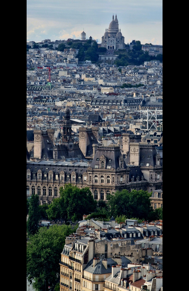 View from the top of the tower of the Jussieu campus of the Sorbonne across the roof tops of Paris. Sacre Coeur is towering over the scene