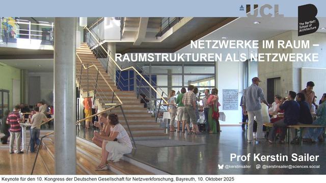 First slide of my keynote talk entitled "Netzwerke im Raum - Raumstrukturen als Netzwerke". A photo in the background shows groups of people dotted around a large foyer and staircase of a research institute, chatting